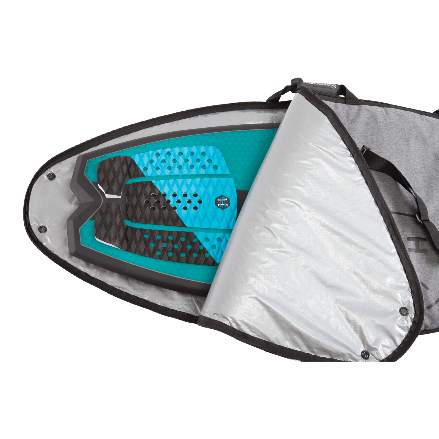 Wakesurf Bag with blue/black grip pad and silver, heavy-duty nylon travel case.