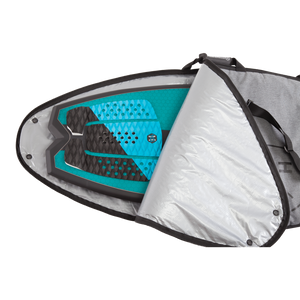 Wakesurf Bag with blue/black grip pad and silver, heavy-duty nylon travel case.