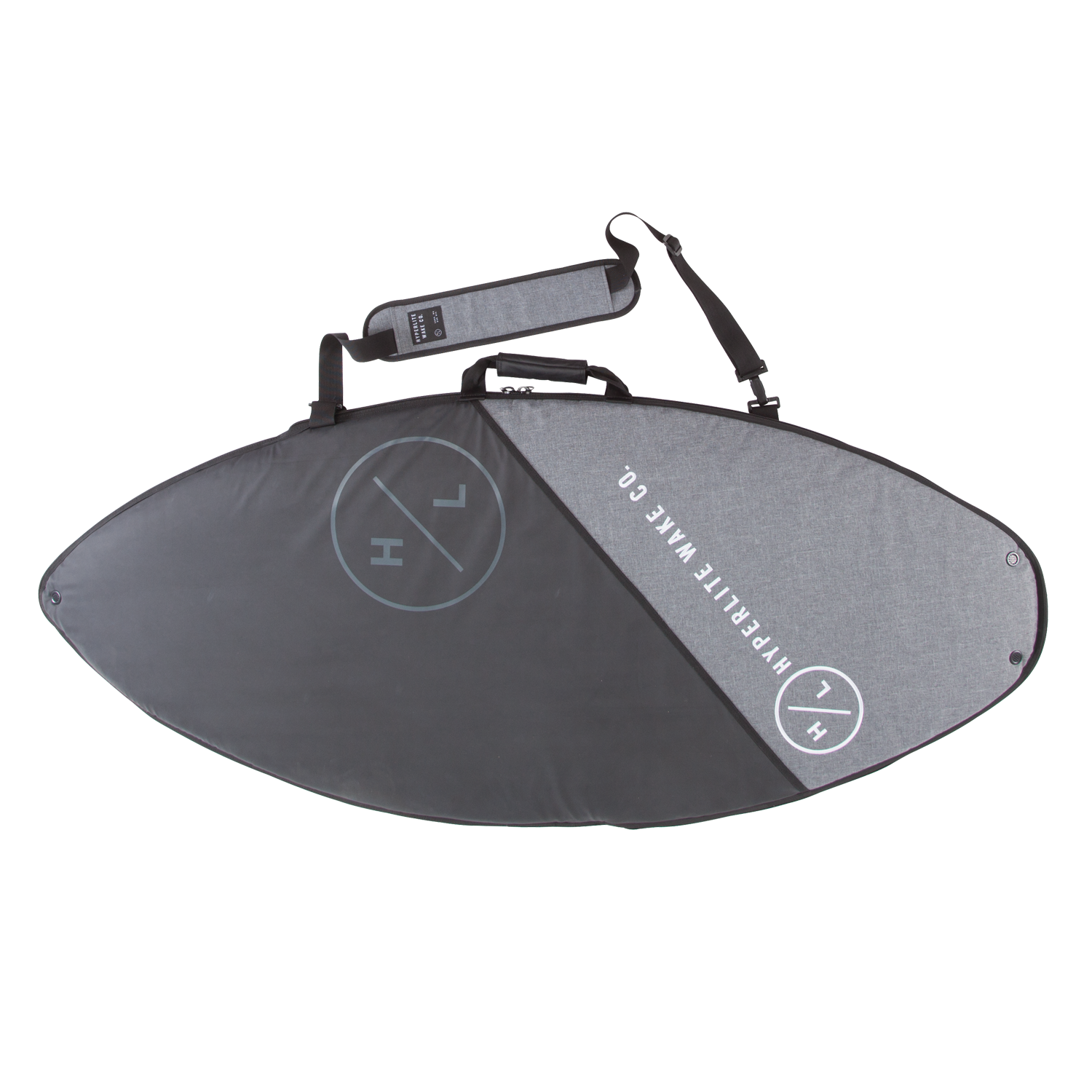 Wakesurf Bag: Heavy-duty nylon surfboard bag, gray/black with strap and logo.