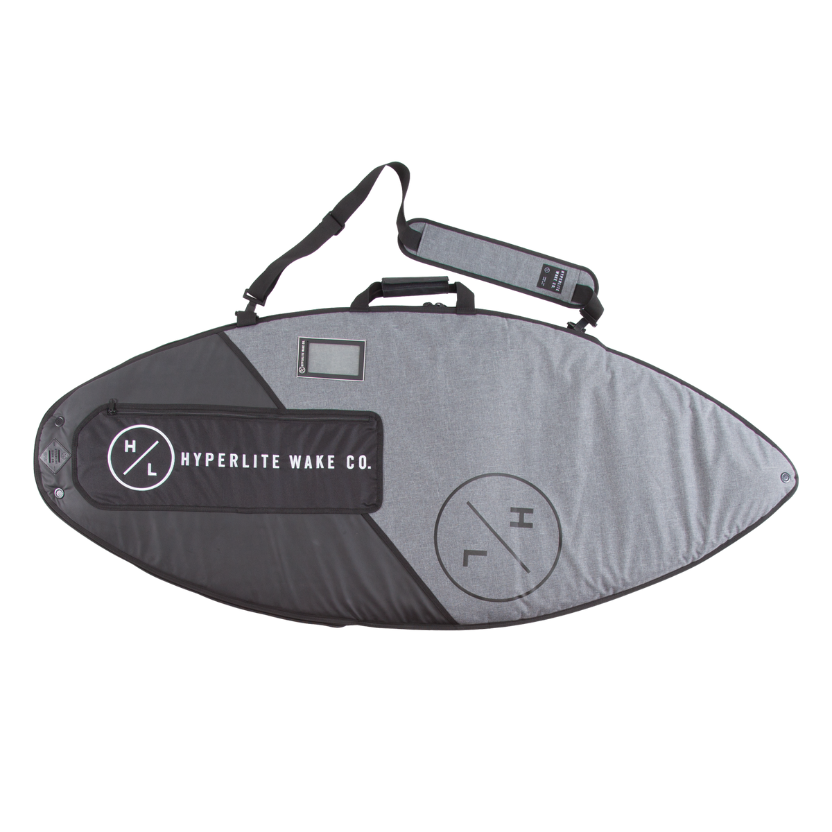Gray Wakesurf Bag with black accents and shoulder strap for heavy-duty use.