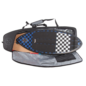 Blue and black wakesurf board in a partially open Wakesurf Travel Bag.