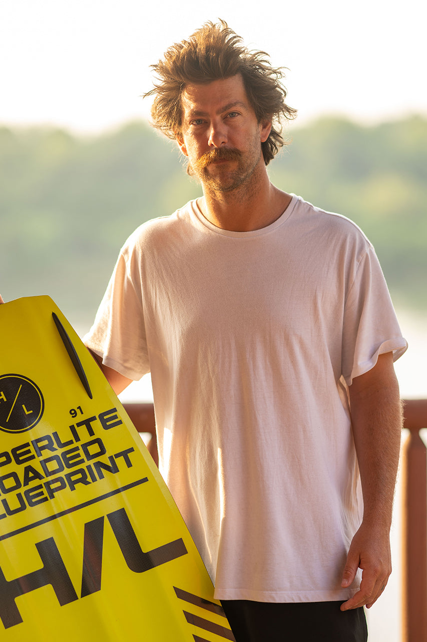 Person with a mustache in a white shirt holding a yellow board outdoors.