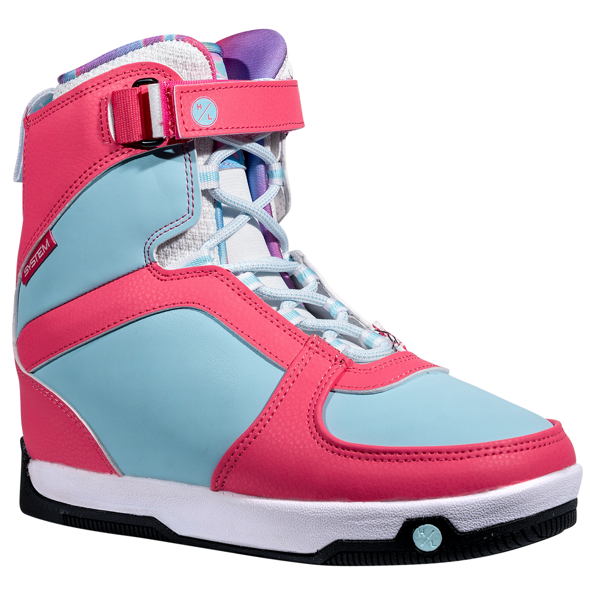 The Aries Boot: A pink and blue snowboard boot with rubber traction, strap, and laces.