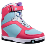 The Aries Boot: A pink and blue snowboard boot with rubber traction, strap, and laces.
