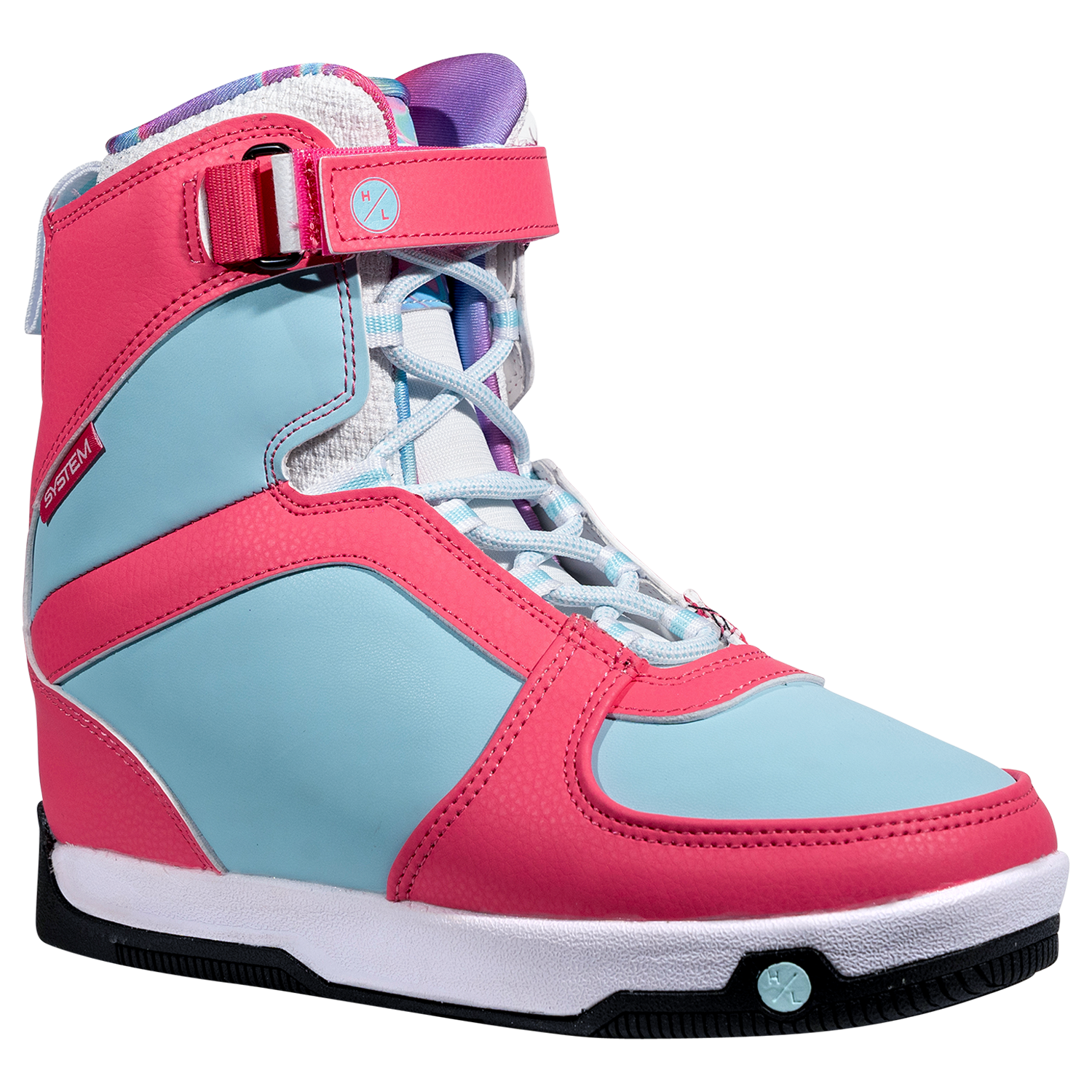 The Aries Boot: A pink and blue snowboard boot with rubber traction, strap, and laces.