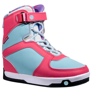 The Aries Boot: A pink and blue snowboard boot with rubber traction, strap, and laces.
