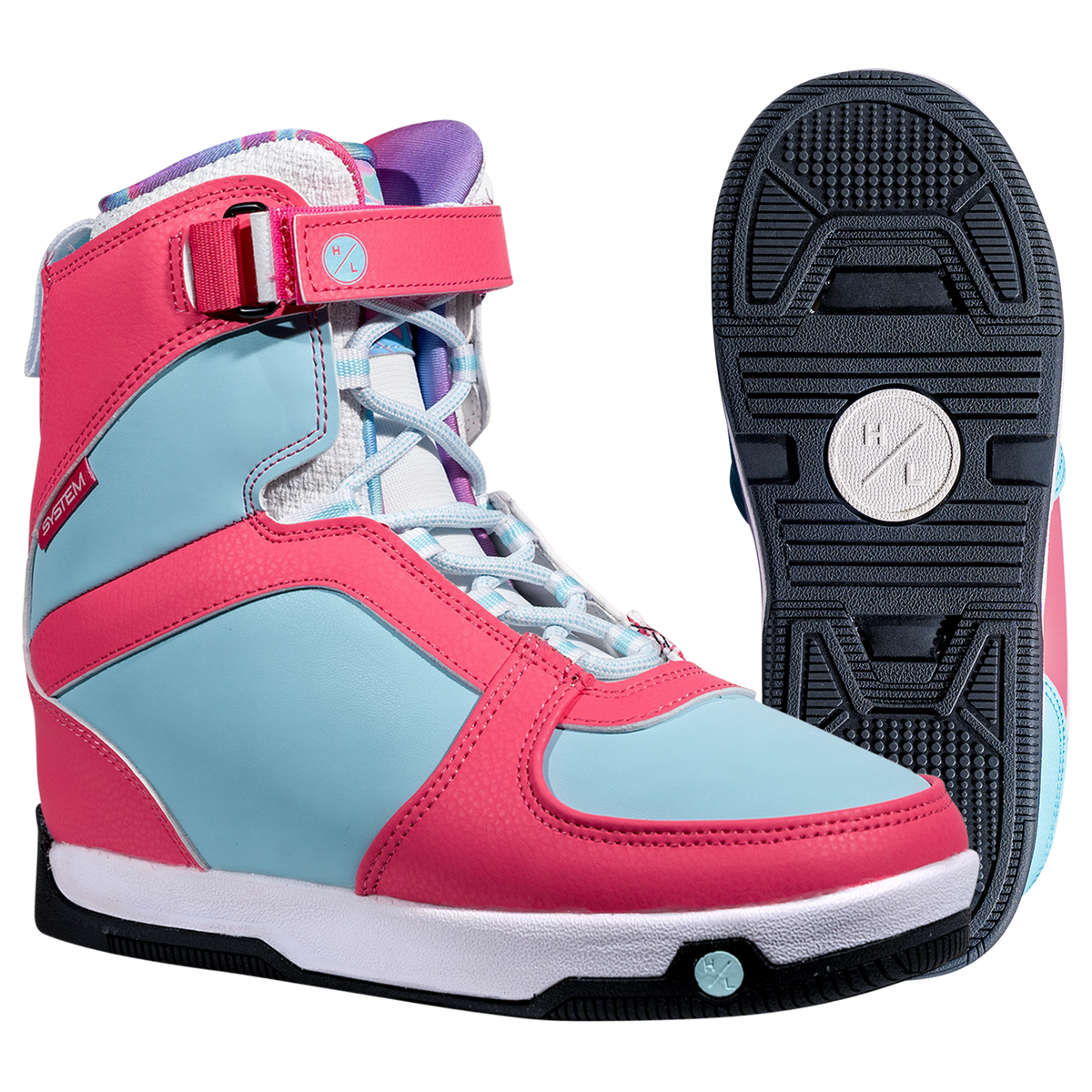 Aries Boot: Colorful high-top with pink, blue & purple details; rubber traction sole.