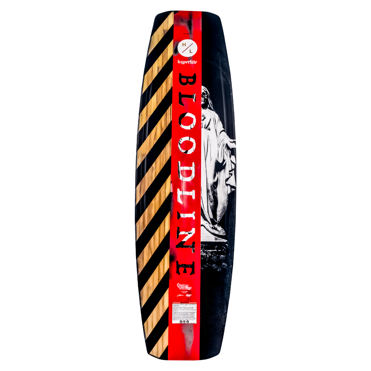 Wakeboard with Bloodline text, stripes, and statue image for cable board fans.