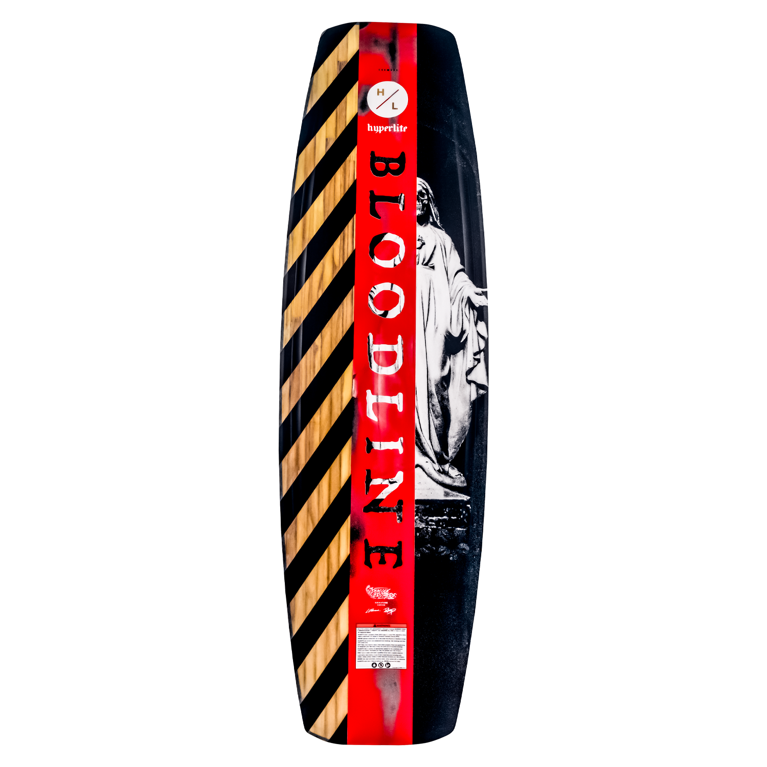 Wakeboard with Bloodline text, stripes, and statue image for cable board fans.