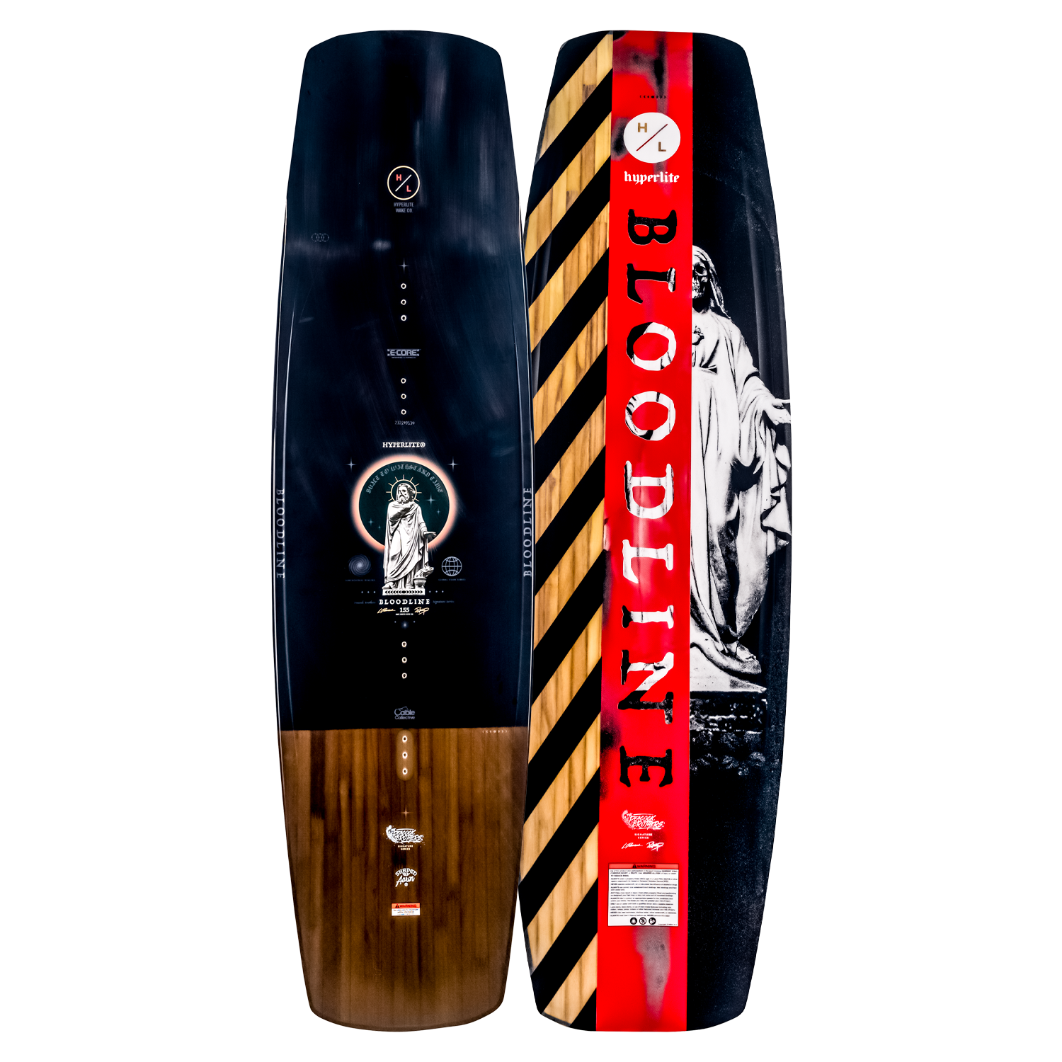 Top and base of wakeboard: one with a statue design, the other called Bloodline in red-black.