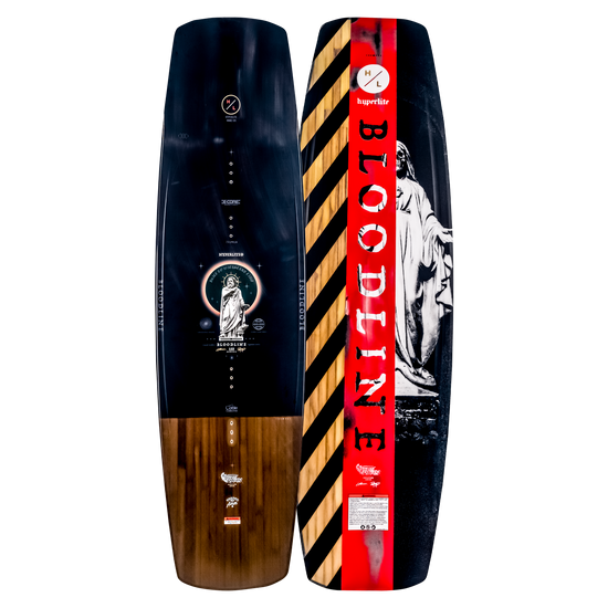 Top and base of wakeboard: one with a statue design, the other called Bloodline in red-black.