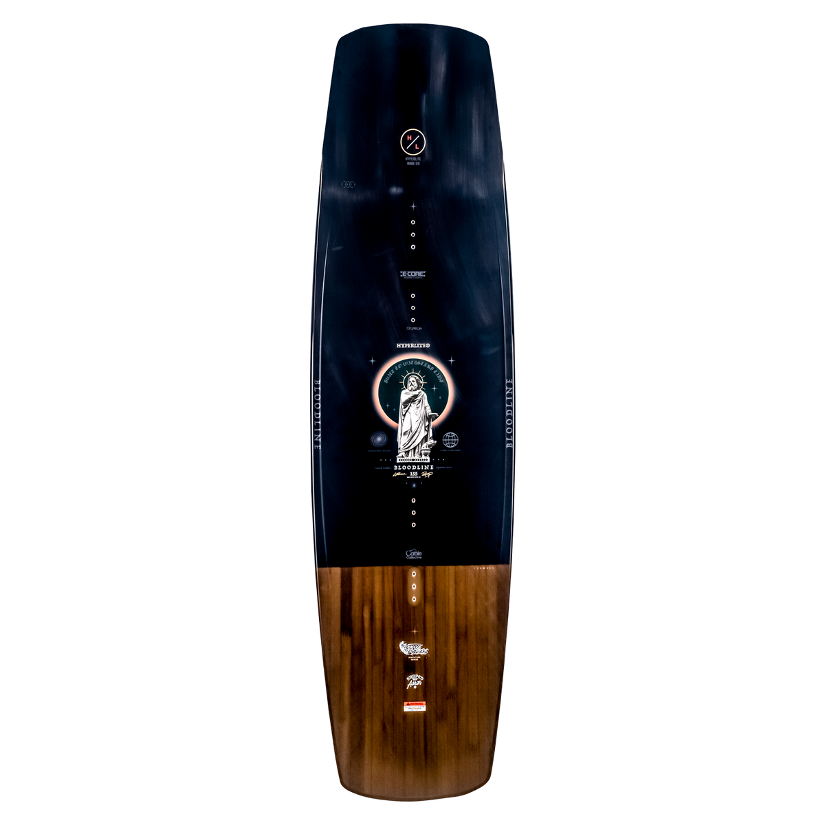 Bloodline wakeboard: dark top, wooden base, Peacock Bros graphics centered.