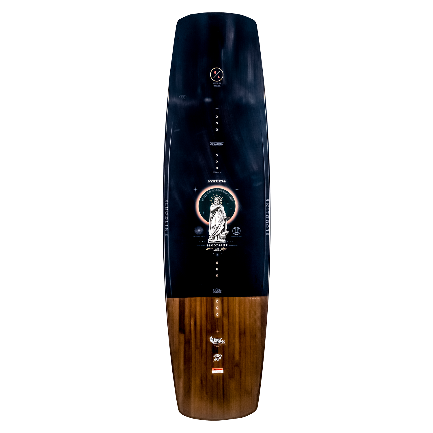 Bloodline wakeboard: dark top, wooden base, Peacock Bros graphics centered.