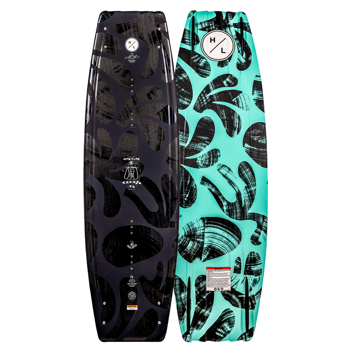 Capitol Loaded wakeboard feature a black and teal abstract leaf pattern.