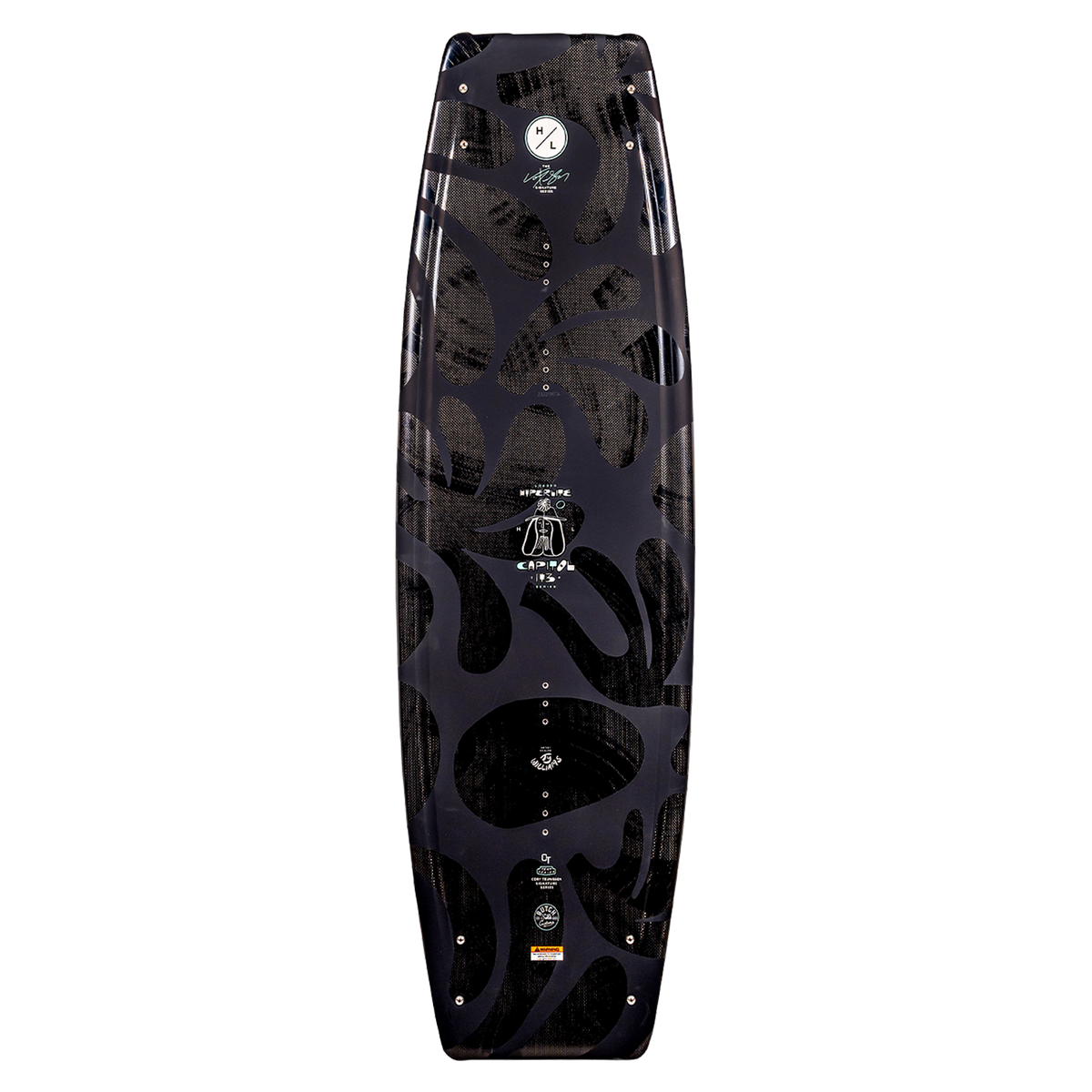 Capitol Loaded wakeboard, black and gray with abstract designs and logos.