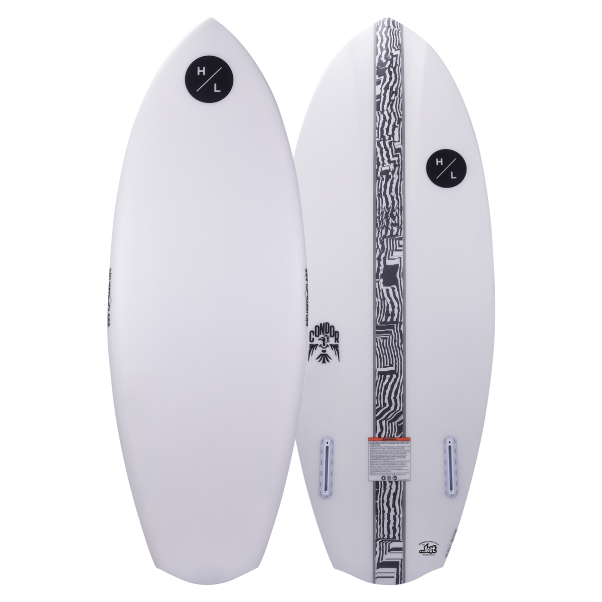 Top and base of white Condor wakeboard with black logos and patterns.