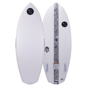 Top and base of white Condor wakeboard with black logos and patterns.