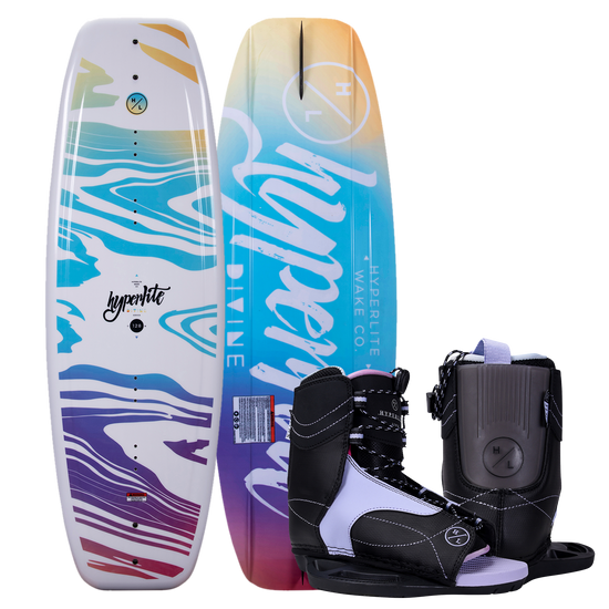Colorful wakeboard and adjustable Jinx boot with abstract patterns and Hyperlite branding.