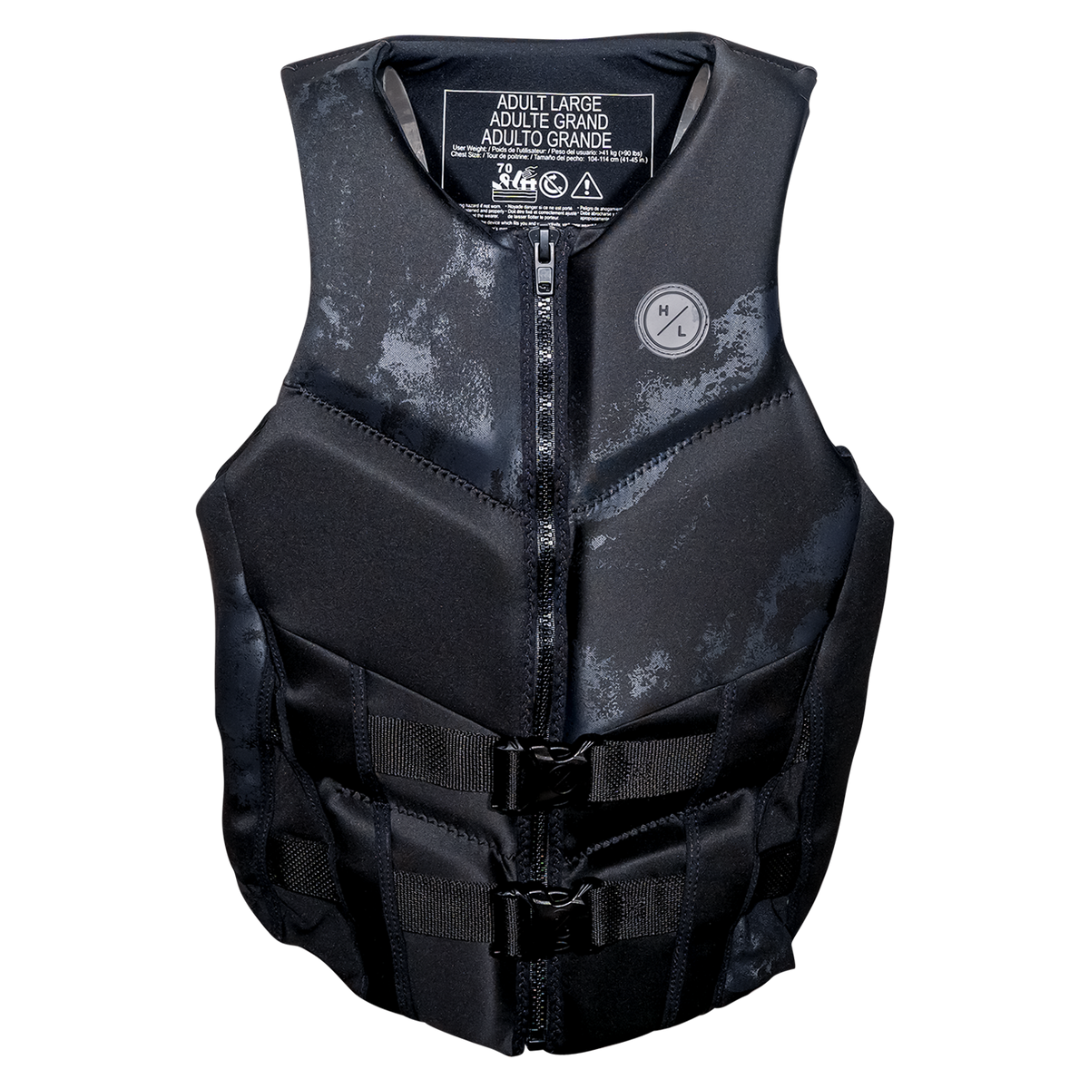 Mens Domain life vest: black, front zipper, buckle straps & neoprene material.