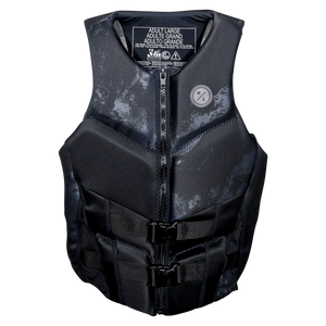 Mens Domain life vest: black, front zipper, buckle straps & neoprene material.