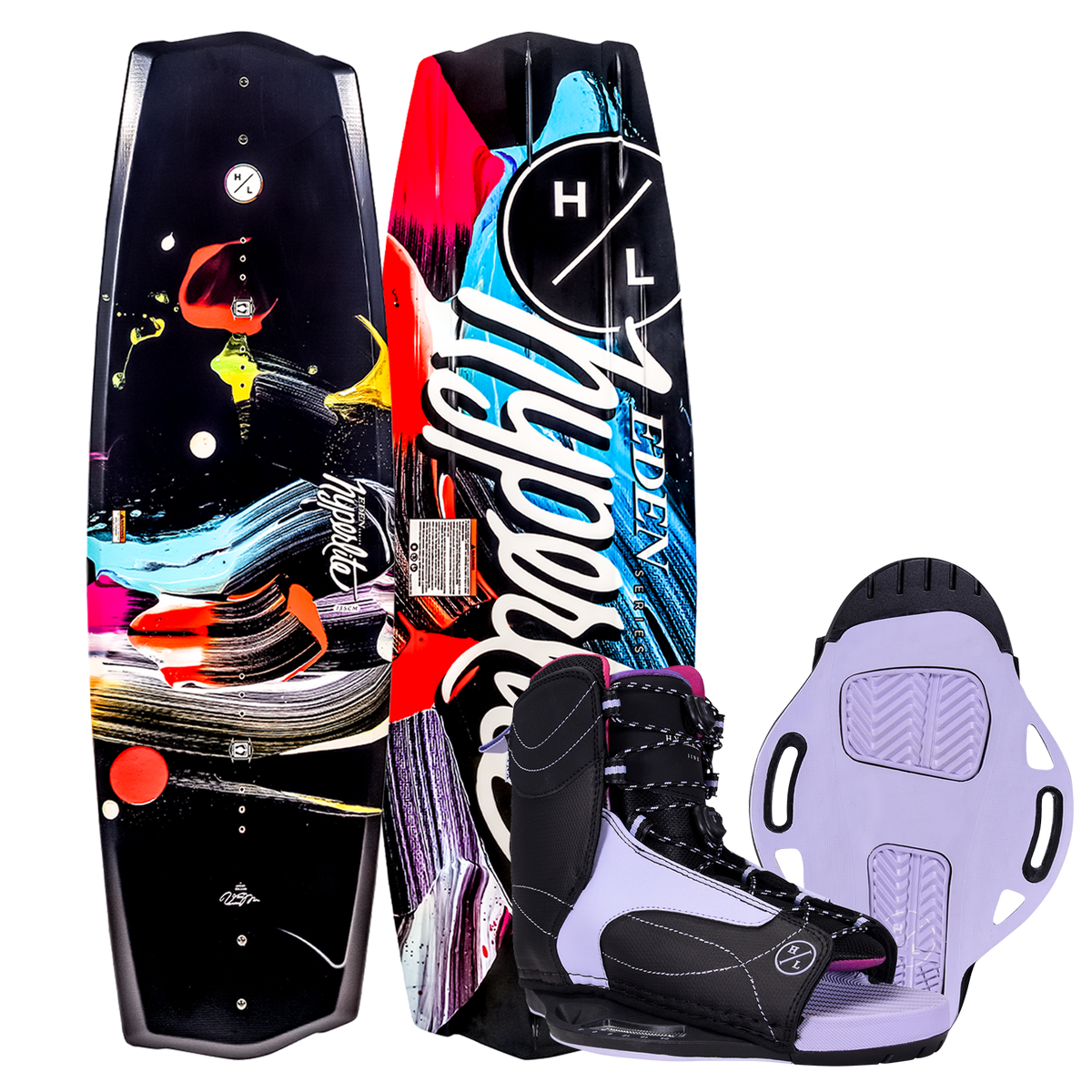Eden 2.0 w/Jinx Bindings set features abstract, asymmetrical design in black and purple.