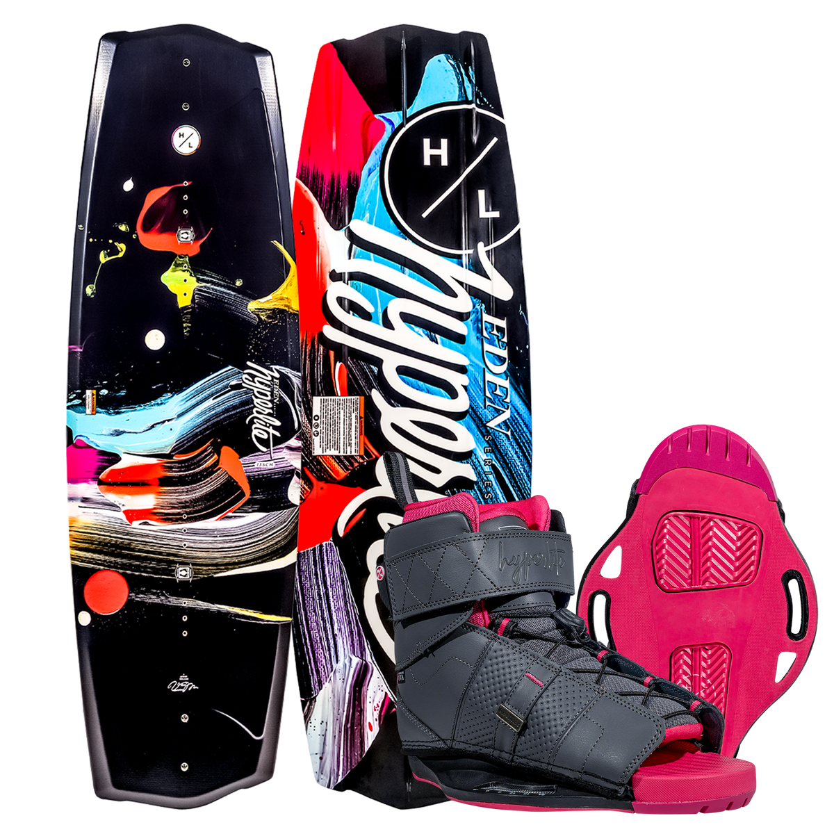 Eden 2.0 w/Viva Bindings: Colorful wakeboard with molded fins and gray boots in a vibrant setting.
