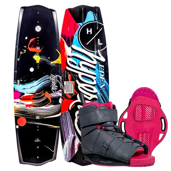 Eden 2.0 w/Viva Bindings: Colorful wakeboard with molded fins and gray boots in a vibrant setting.