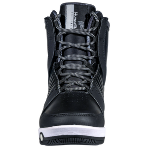 Front view of the Freepress Boot: black high-top with patterned laces, white sole, ankle harness.