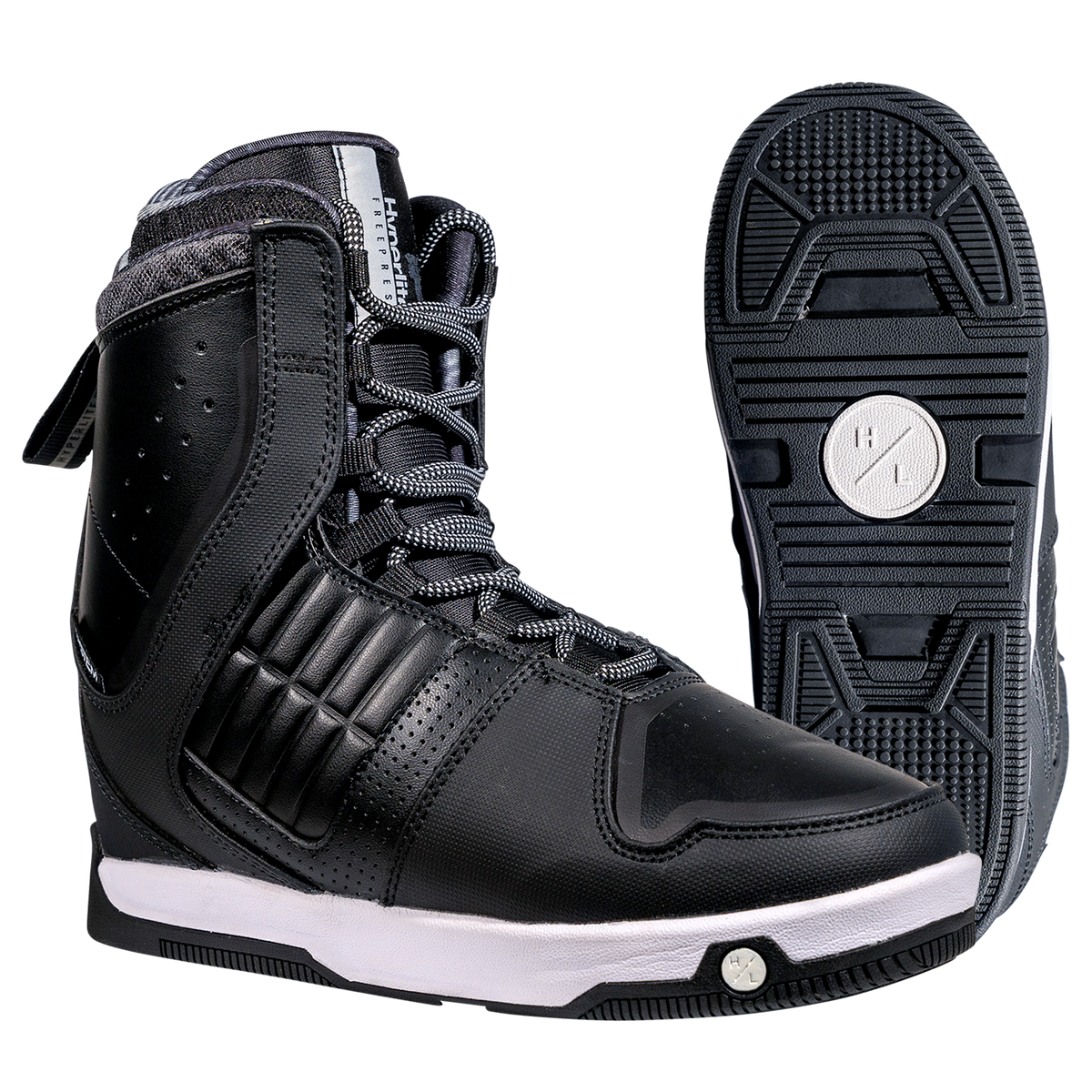 Freepress Boot: Black high-top with ankle harness, perforated details, and white sole.
