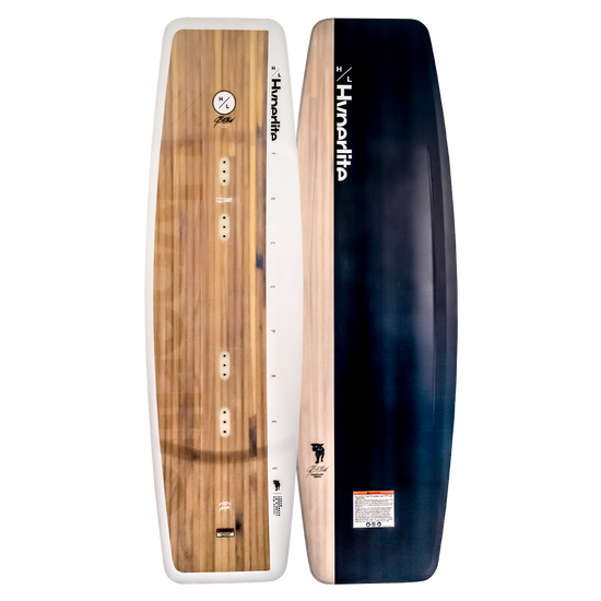 Freepress twin-tip wakeboard with a black and white logo and Blended 3-Stage Rocker.