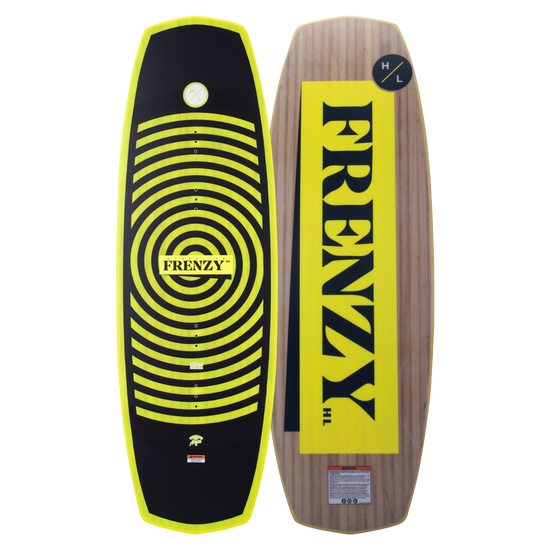 Top and base of Frenzy wakeboard, yellow/black, circular design, Woodlite Core.