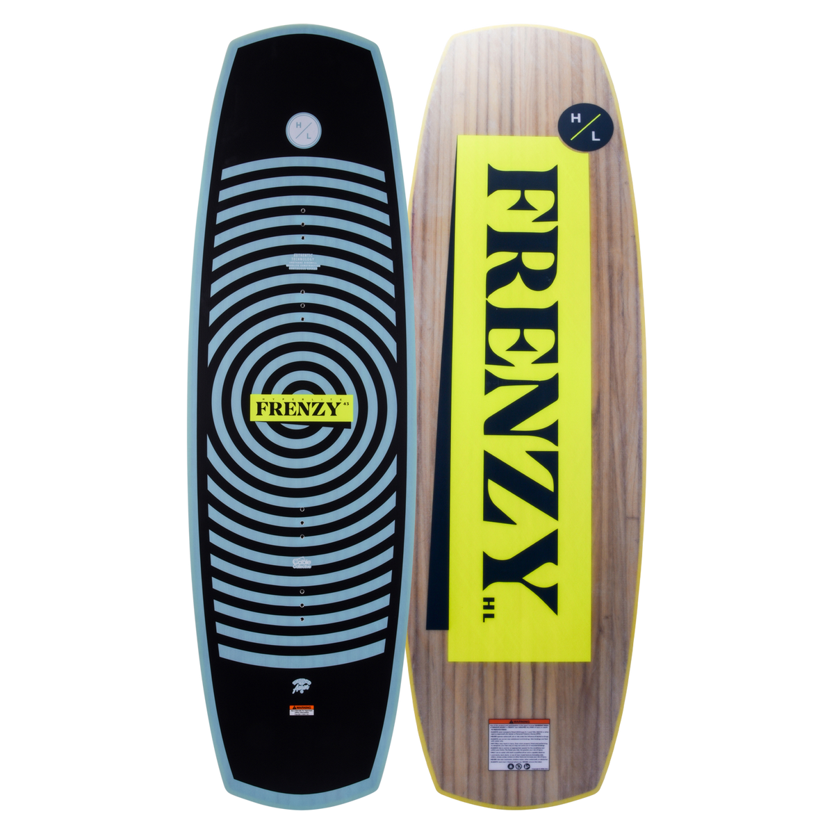 Top and base of Frenzy wakeboard, with circles and a yellow label, highlight their cable shape.