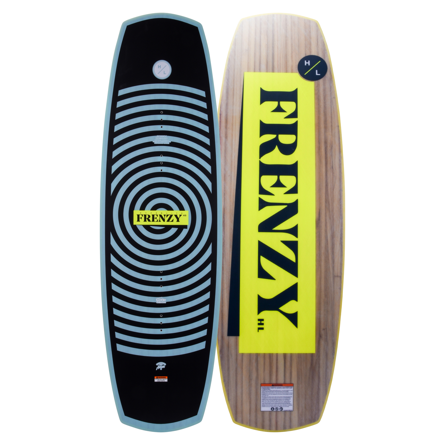 Top and base of Frenzy wakeboard, with circles and a yellow label, highlight their cable shape.