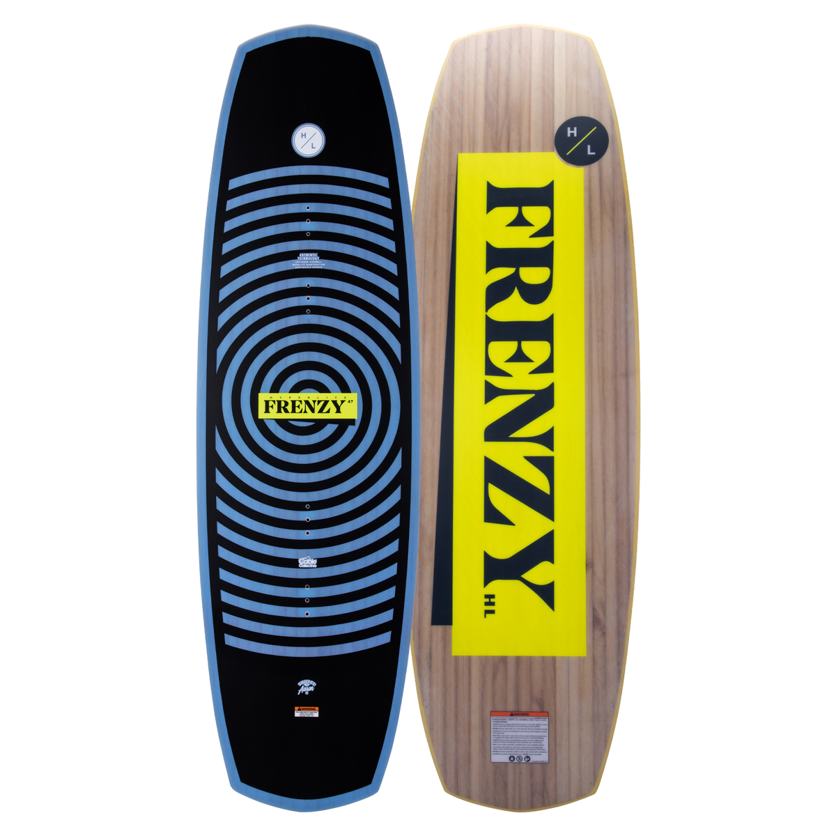 Top and base of wakeboard: one with a cable shape and the other boldly features FRENZY in yellow.