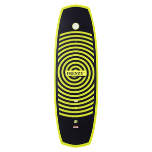 Frenzy Jr. 130cm wakeboard with yellow concentric circles and a Woodlite Core.