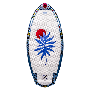 Good Daze JR. wakesurfer with blue leaf design and red sun on white textured surface.