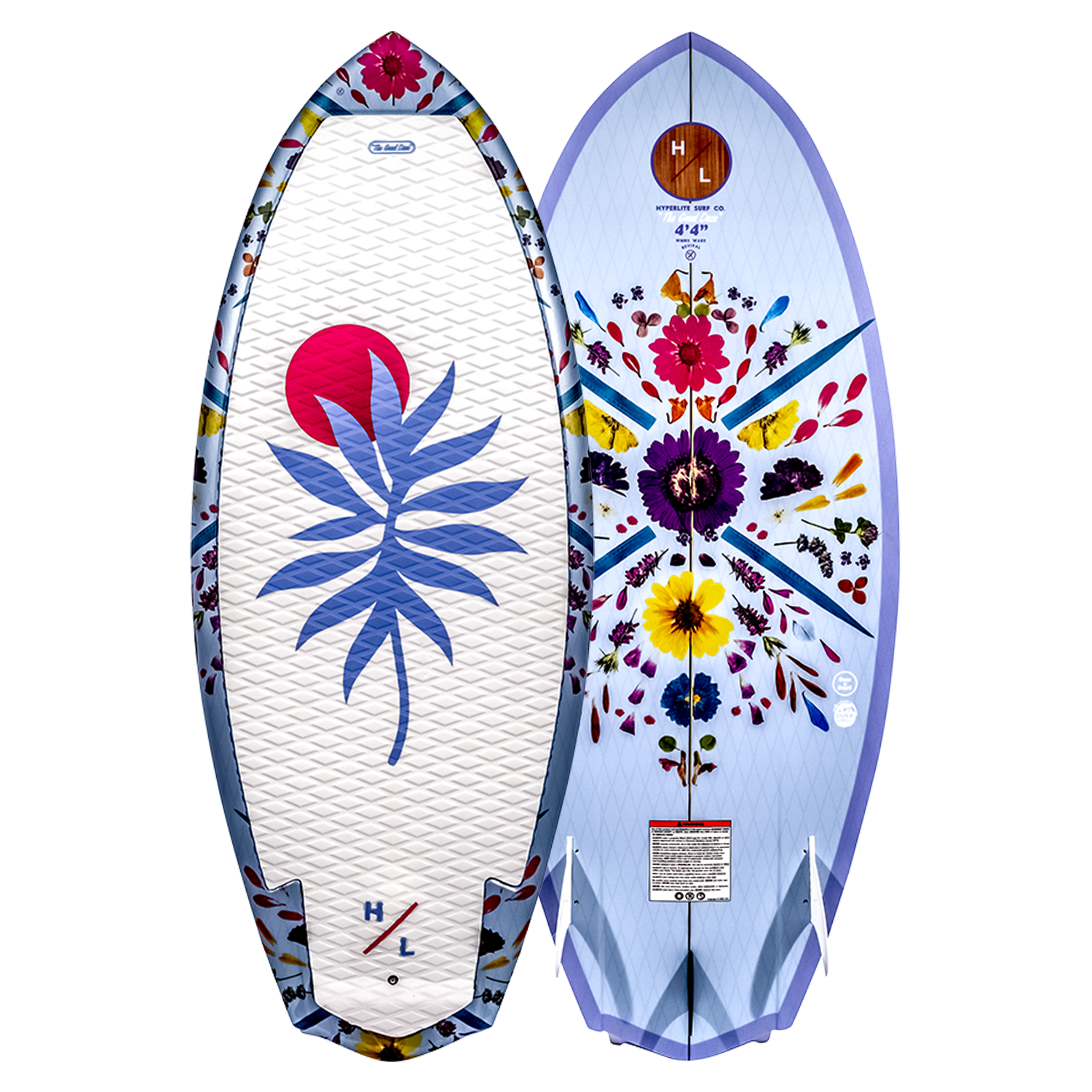 Top and base of Good Daze wakeboard with floral designs, perfect for wakesurf enthusiasts.
