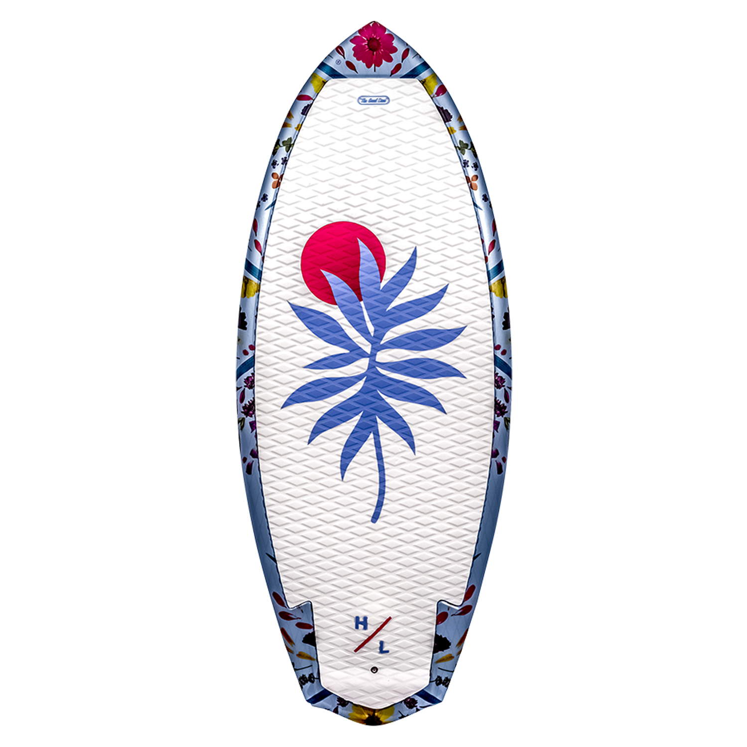 Good Daze wakeboard: blue leaf design with red sun, ideal for wakesurf enthusiasts.