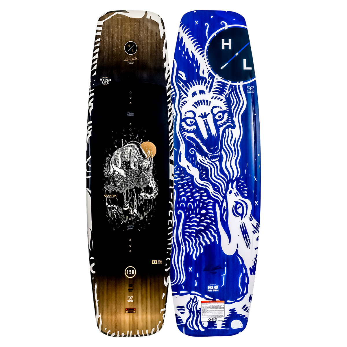 Guara wakeboard with abstract animal designs in black, white, and blue with eco-friendly materials.