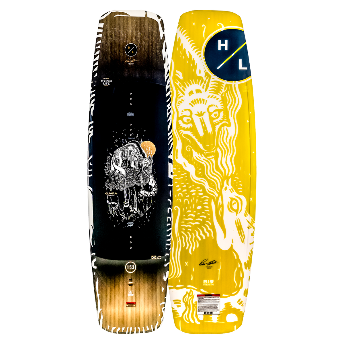 Top and base of Guara wakeboard with eco-friendly black and yellow graphic designs.
