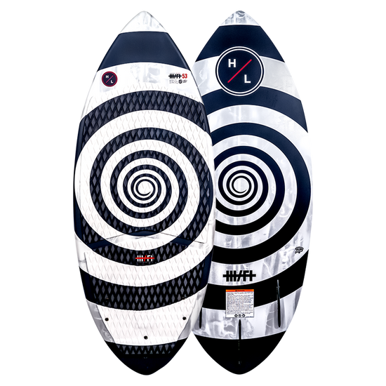 Top and base of Hi-Fi wakeboard with black/white spiral target designs and DuraShell construction.