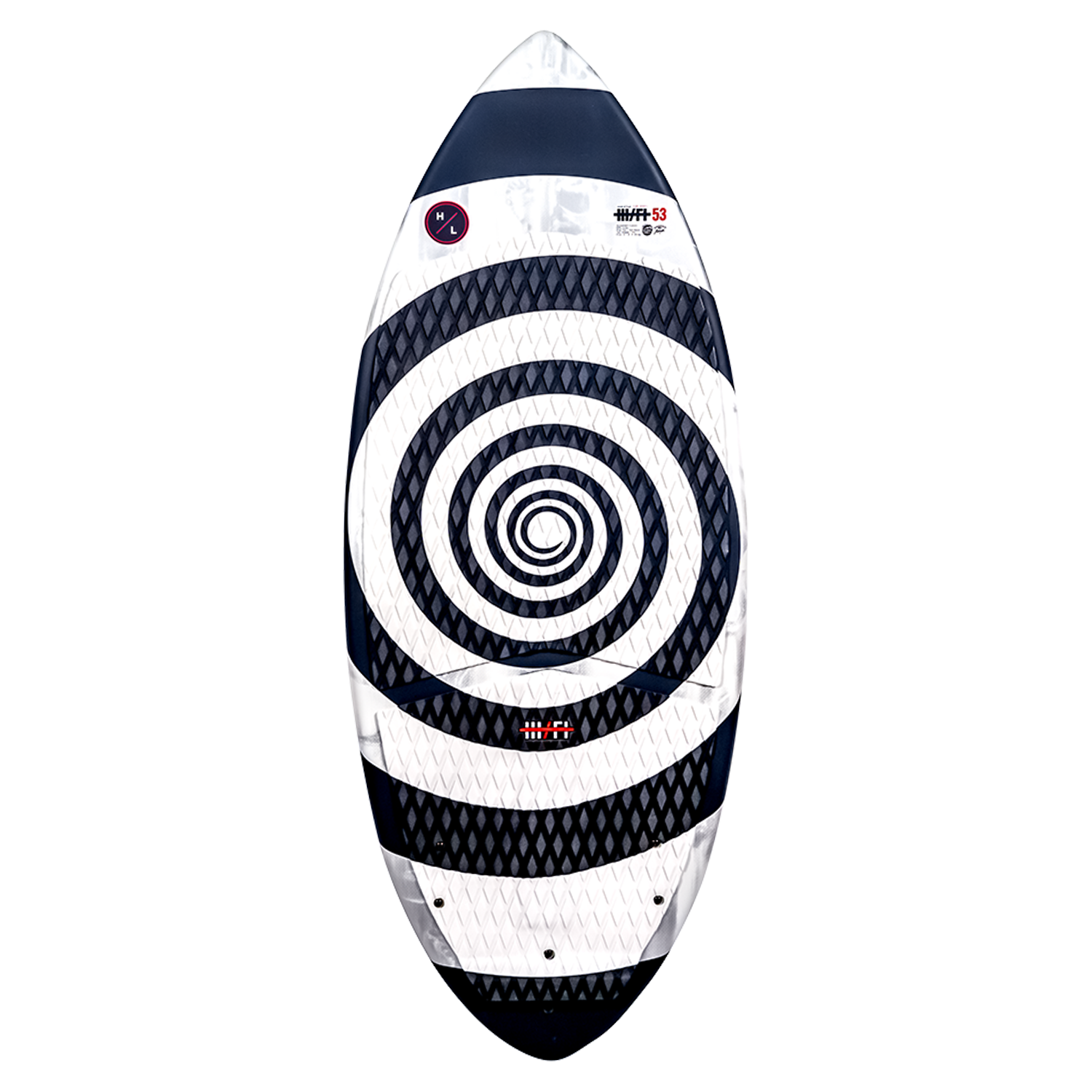 Hi-Fi wakeboard features a black/white spiral design with machined EVA traction pad.