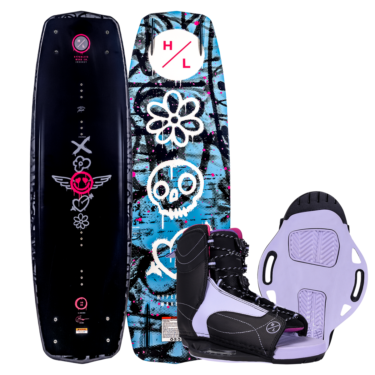 Journey w/Jinx Bindings, black with flowers and skulls, purple boots.