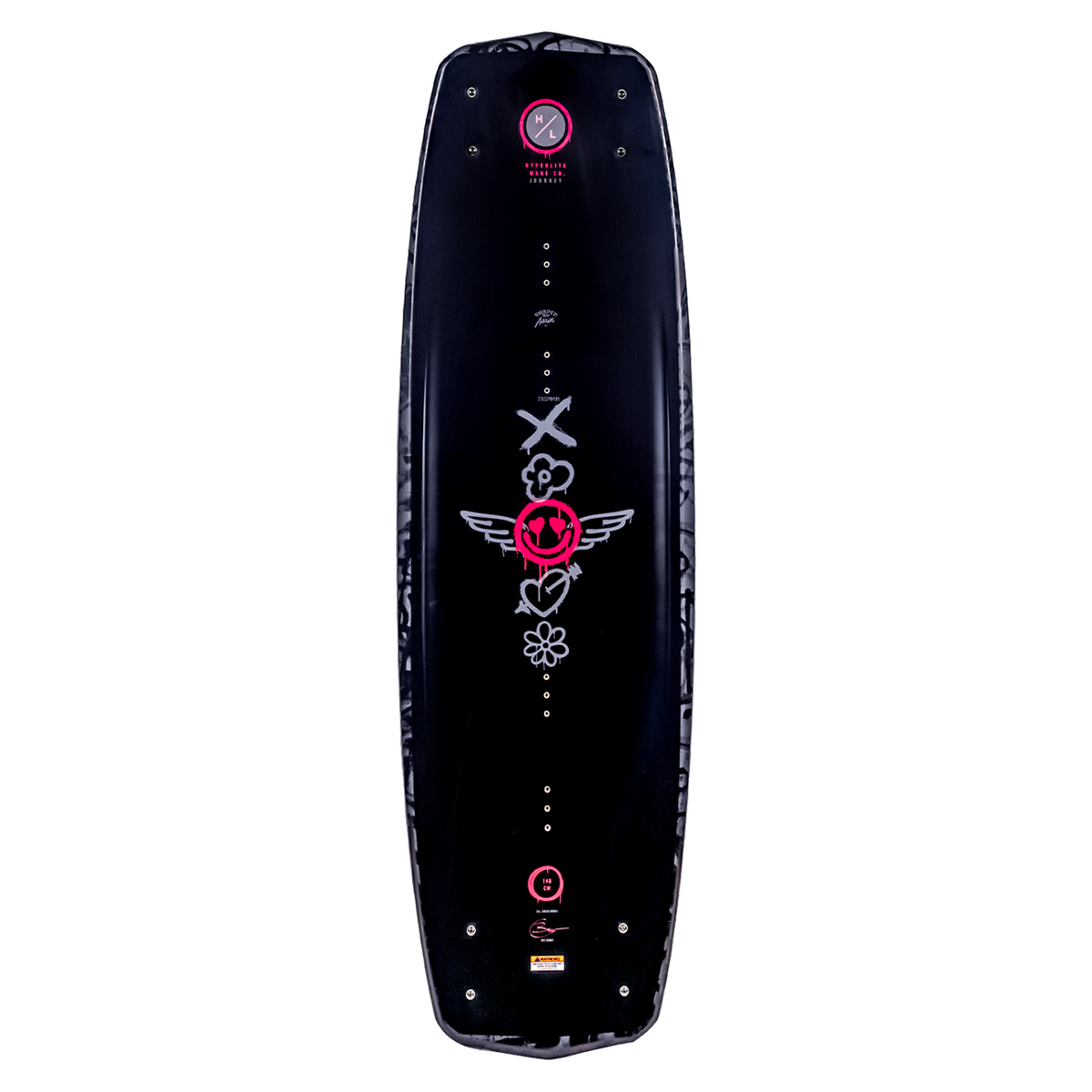 Journey wakeboard, black with pink/white graphics of a flower, winged heart & Satin Flex.