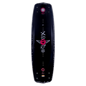 Journey wakeboard, black with pink/white graphics of a flower, winged heart & Satin Flex.