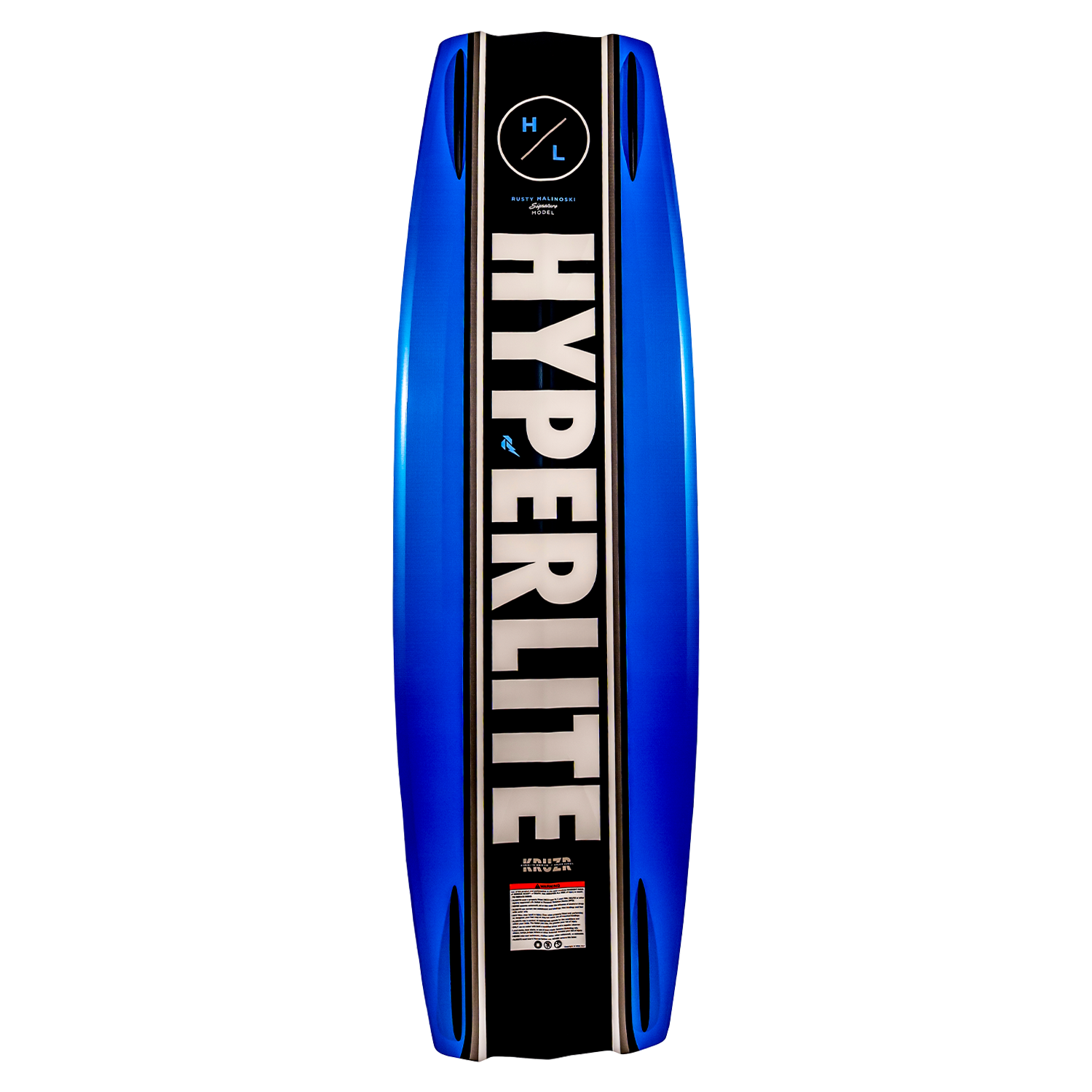 The Kruzr wakeboard: blue with HYPERLITE logo, black accents, and Boneline Grab Rail.