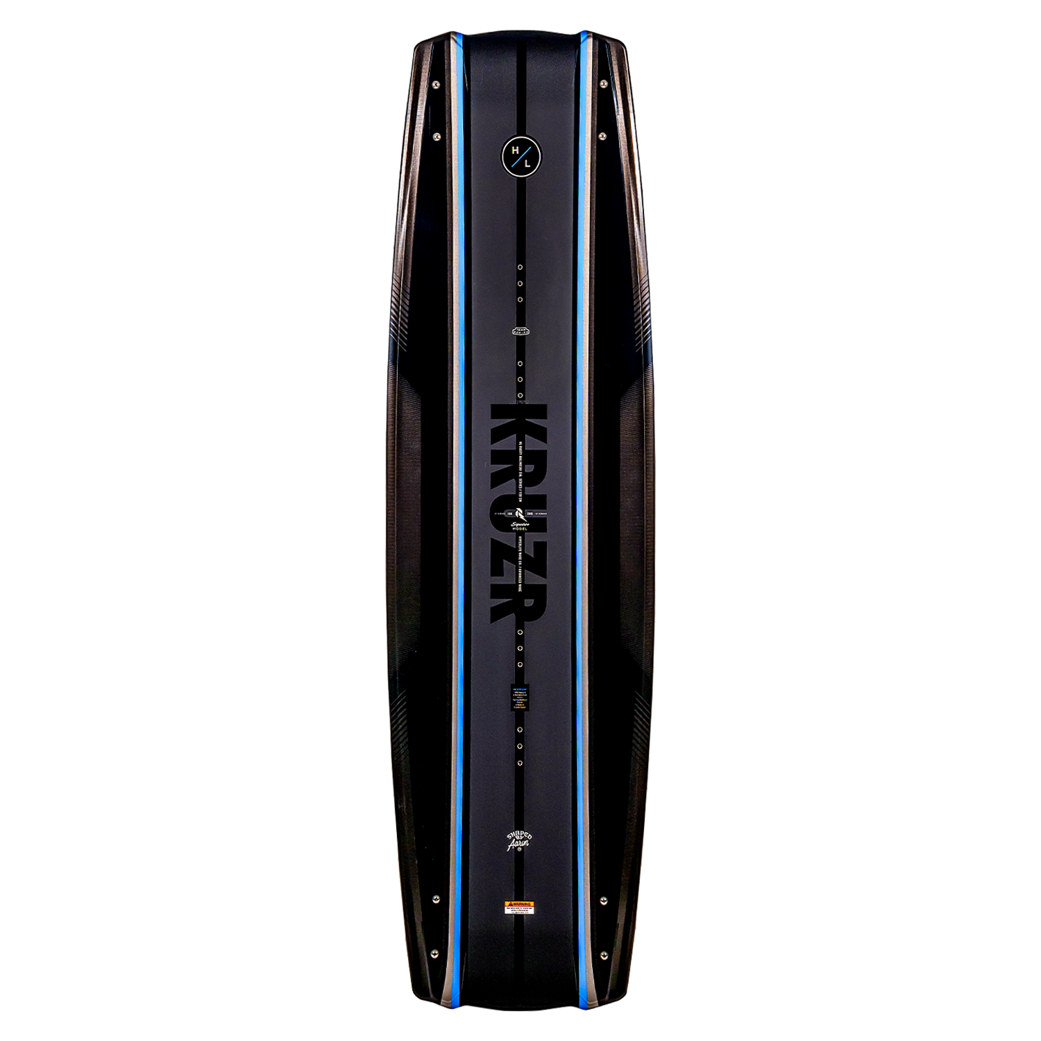Black and blue wakeboard deck with Kruzr on it.