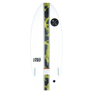 Lobo wakeboard: white, yellow/green camo stripe, logo, black circle mark.