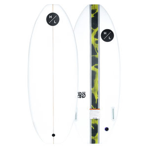 Top and base of Lobo white wakeboard with a green camo stripe, featuring a twin fin design.