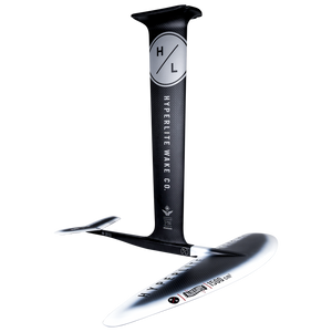 MK Foil Kit Carbon: Sleek black carbon hydrofoil for wakeboard with curved silver foil.